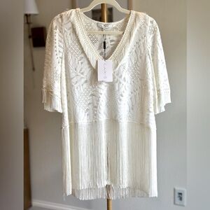 Alexis Ronan Cream White Lace Boho Top with Fringe- Size XS